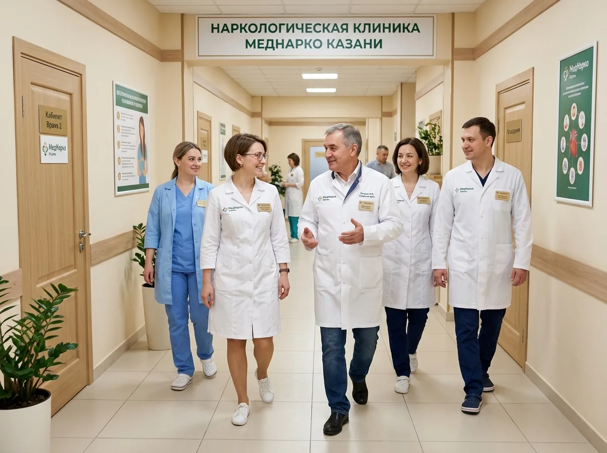 Команда врачей-наркологов наркологической клиники МедНарко Казань, медицинский коридор, профессиональная атмосфера, доверие и забота