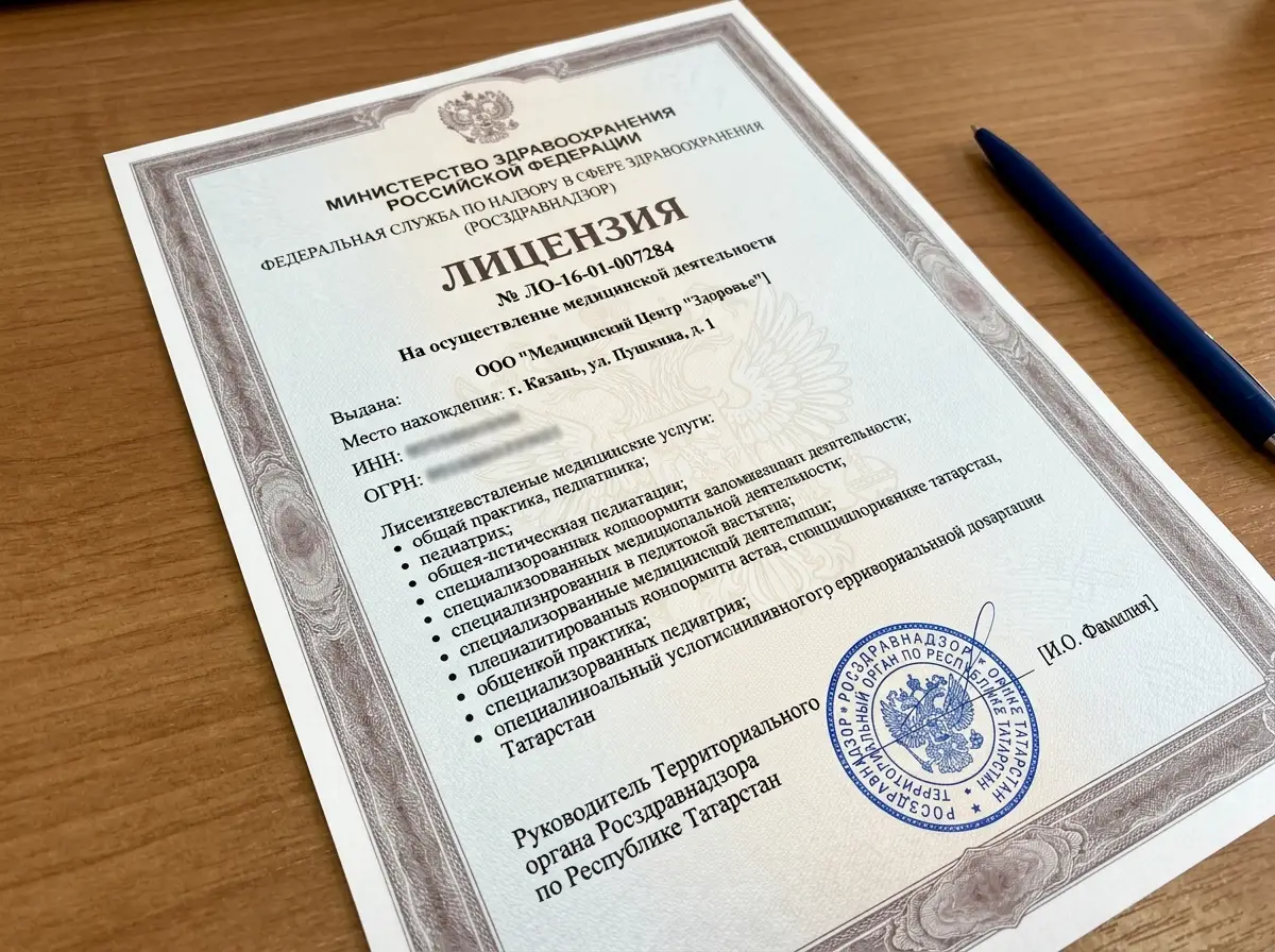 Лицензия на медицинскую деятельность № ЛО-16-01-007284, выданная Росздравнадзором по Республике Татарстан, официальный документ с печатью